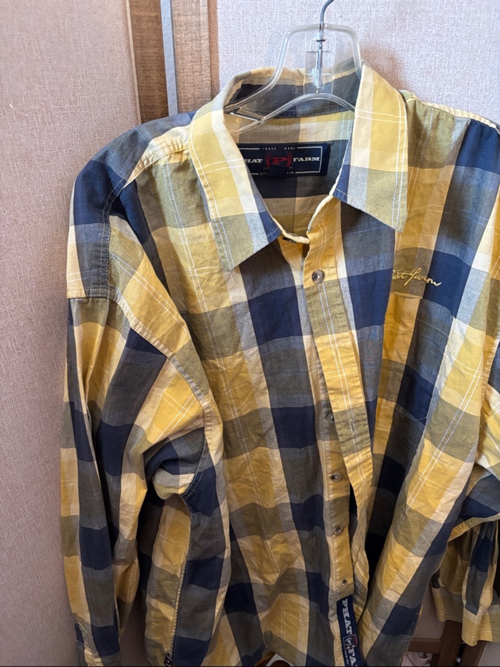 Phat Farm Yellow and Navy Plaid Button-Up Shirt XL